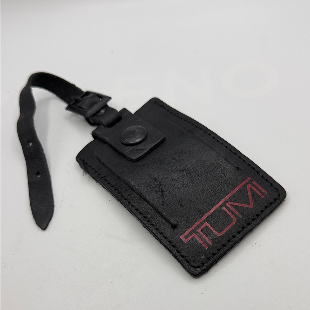 Tumi Black Leather Luggage Tag with Red Logo Accent
